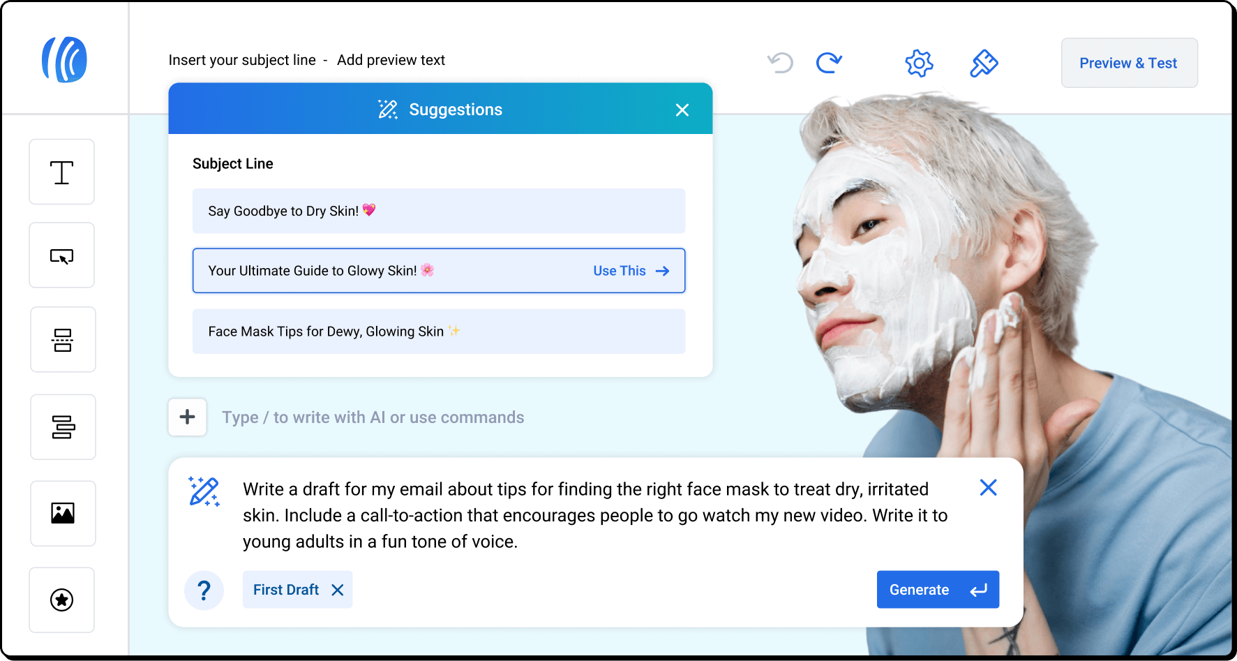 AWeber message editor with AI prompt asking AI for a first draft of a newsletter about finding the right face mask and asking AI for subject line suggestions.