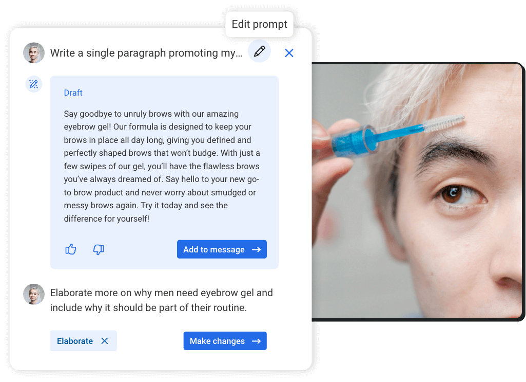 Draft of promo for eyebrow gel that also asks AI to elaborate on why men need eyebrow gel