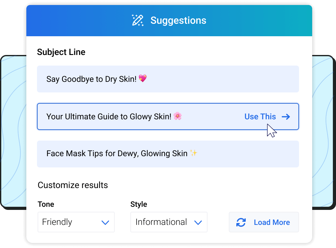 Subject line options generated by the AI Subject Line Assistant that can be customized