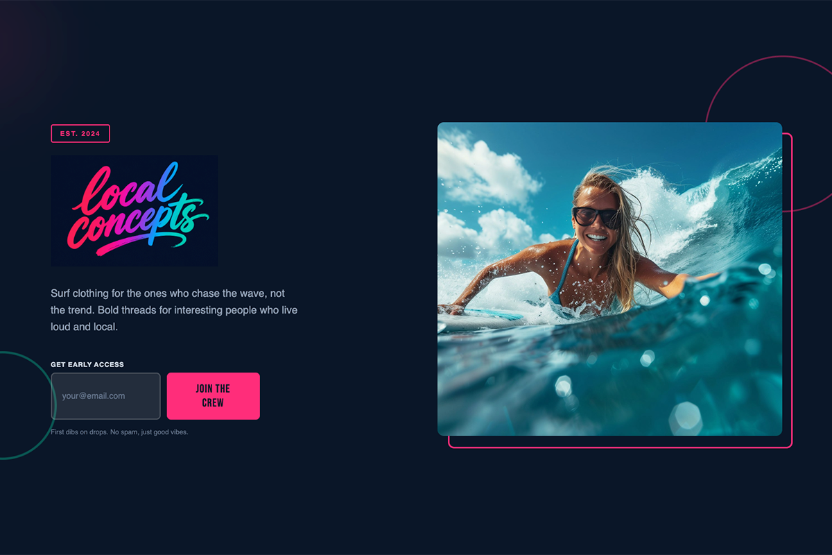 AI-generated landing page for a surf clothing brand