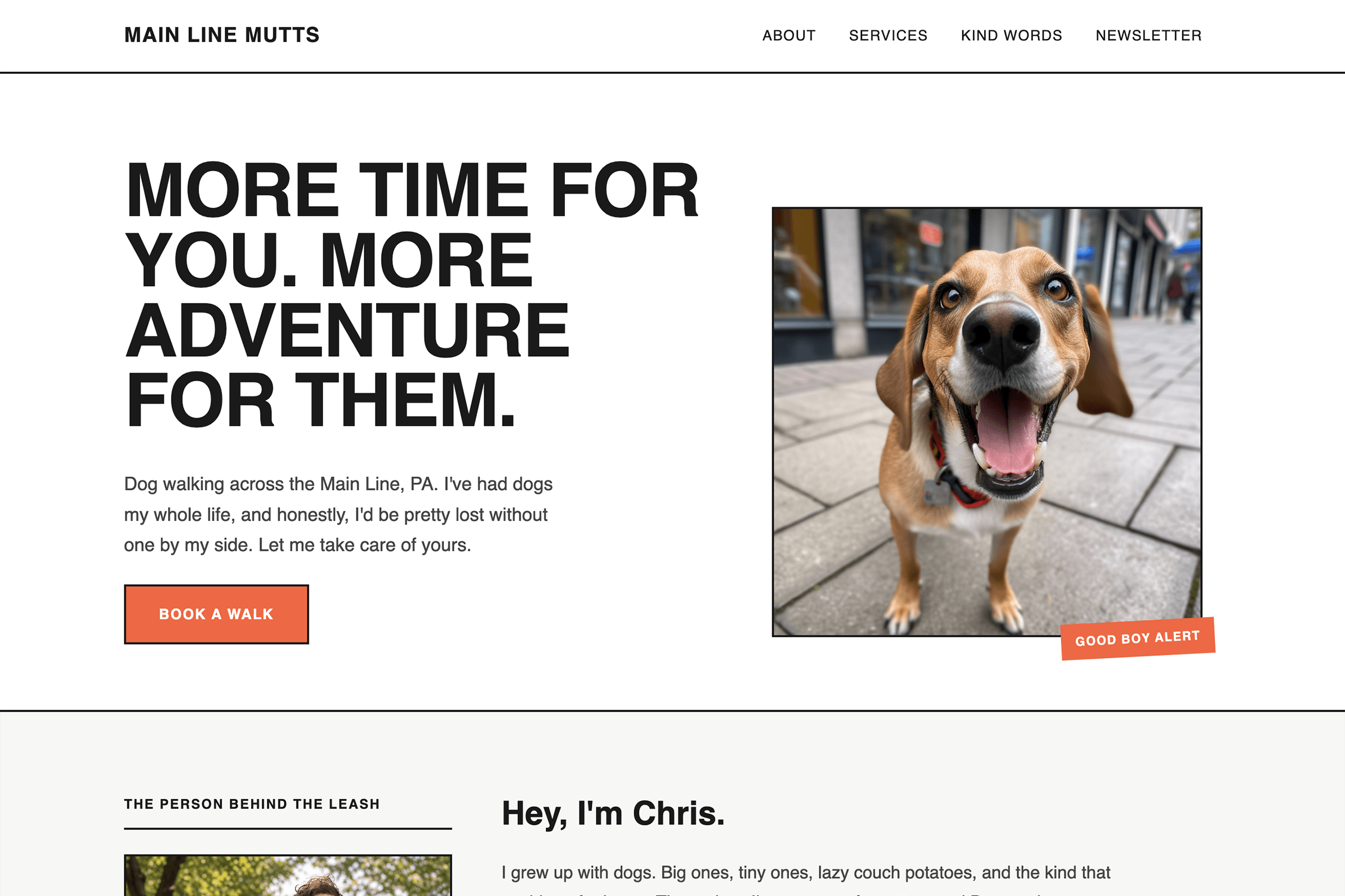 AI-generated landing page for a dog walking business