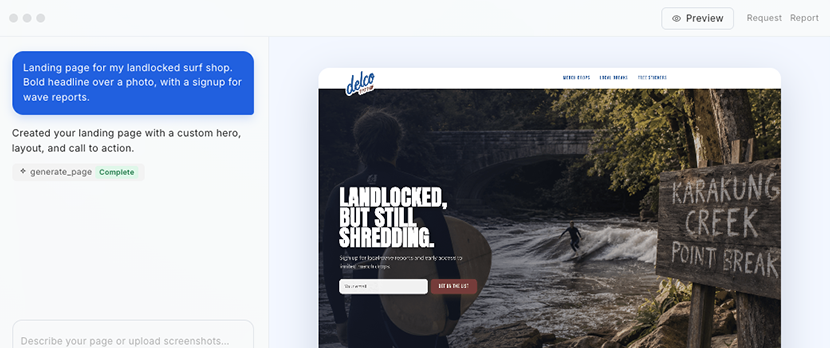 AI Landing Page Builder with a prompt for a surf shop page in the chat on the left and the finished page on the right