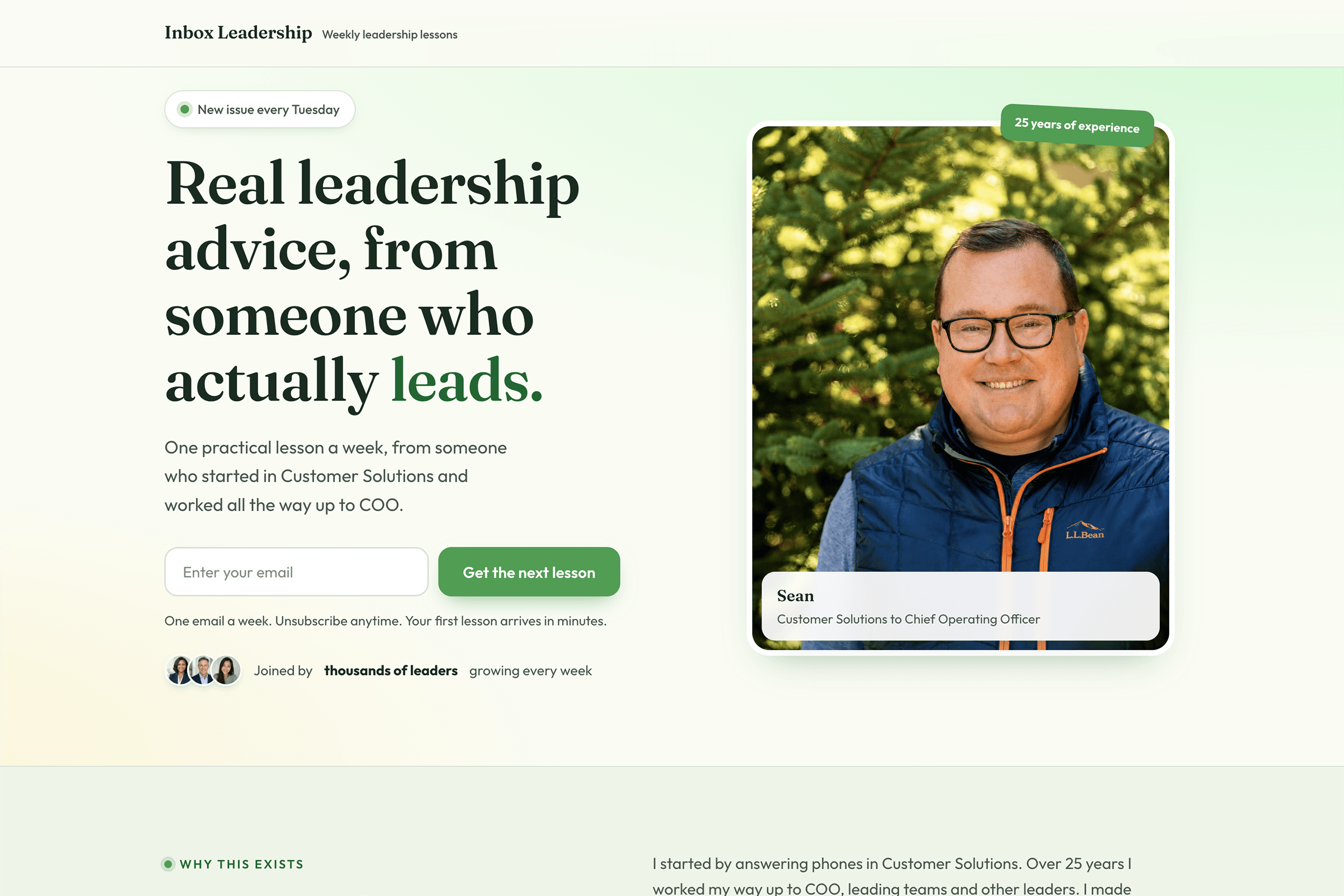 AI-generated landing page for a leadership newsletter