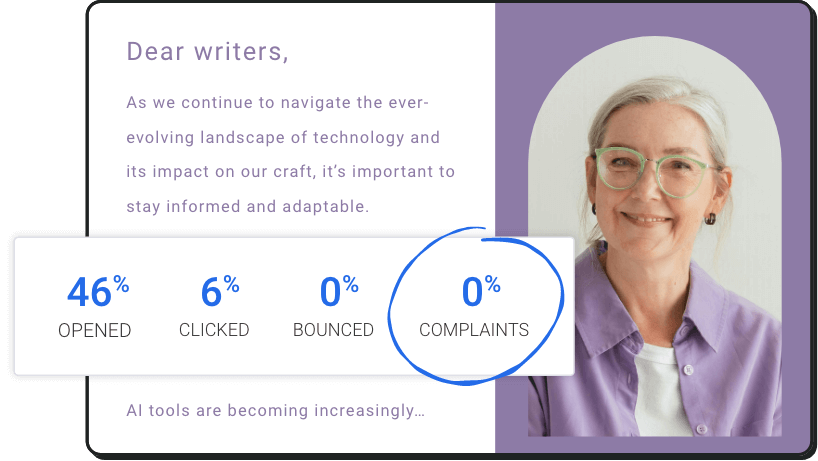 Email from a writing coach with a 46% open rate and 0% complaint rate
