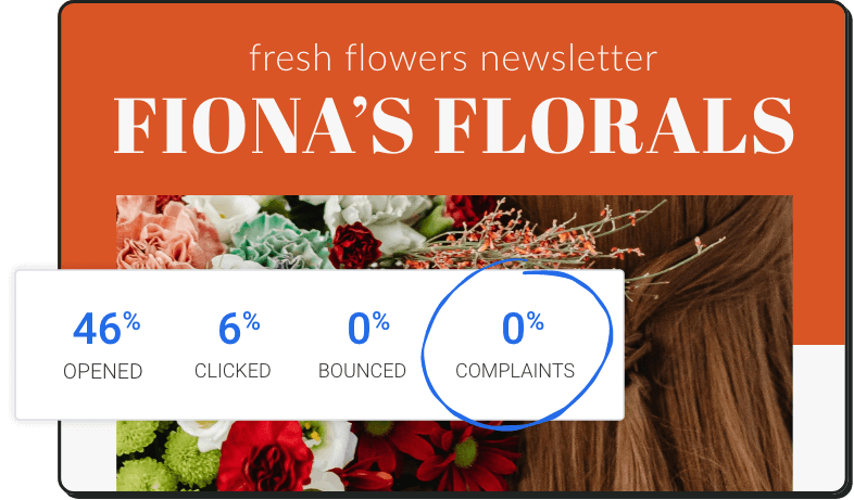 Delivery stats of an email sent by a floral artist with a 46% open rate and 0% complaint rate