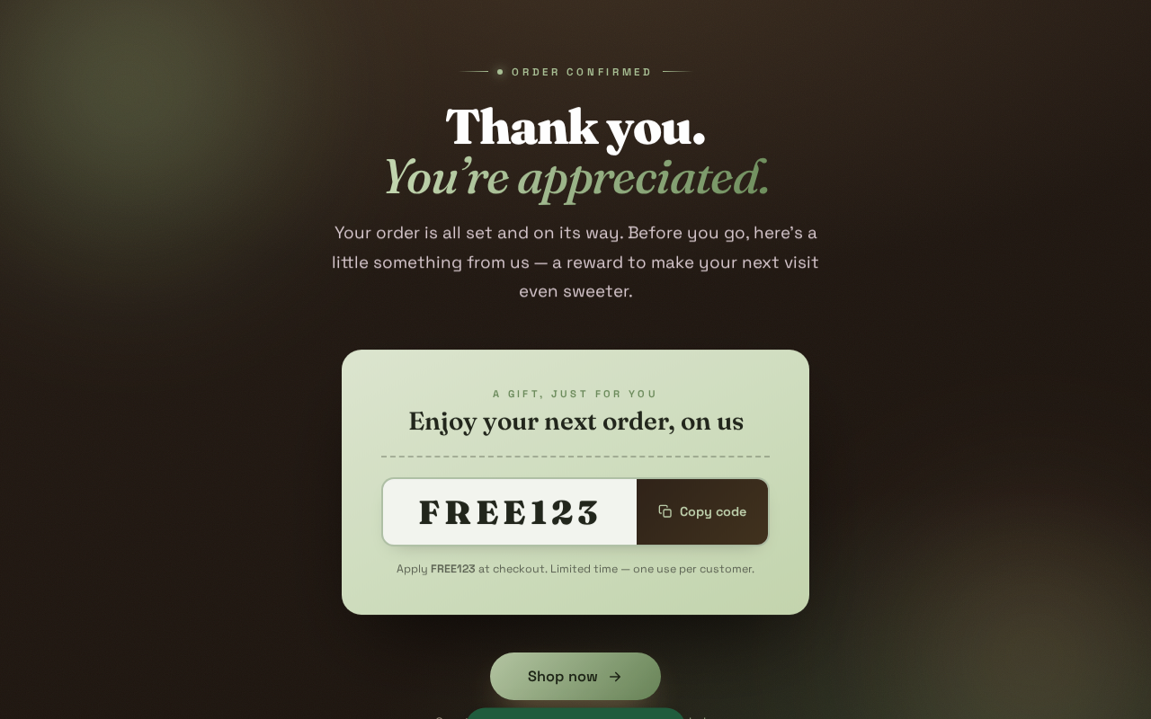 Order confirmation page with a discount code